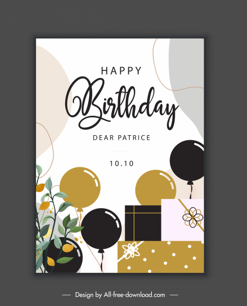 template kartu ulang tahun sketsa kotak hadiah balon datar