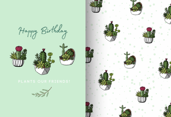 plantilla de tarjeta de cumpleaños repitiendo cactus ollas decoración