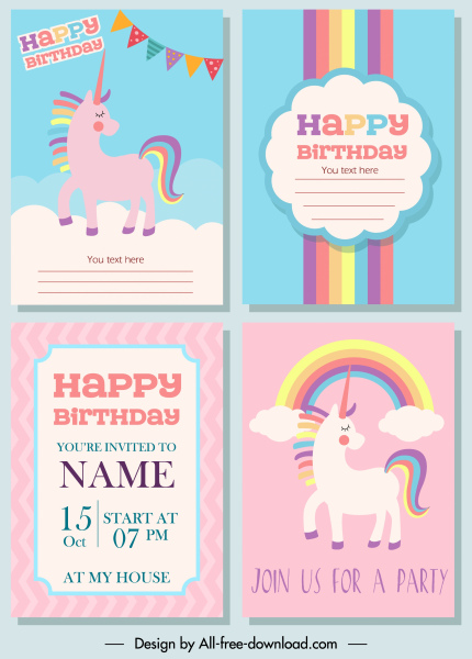 modèles de carte d'anniversaire mignon décor coloré d'arc-en-ciel de licorne