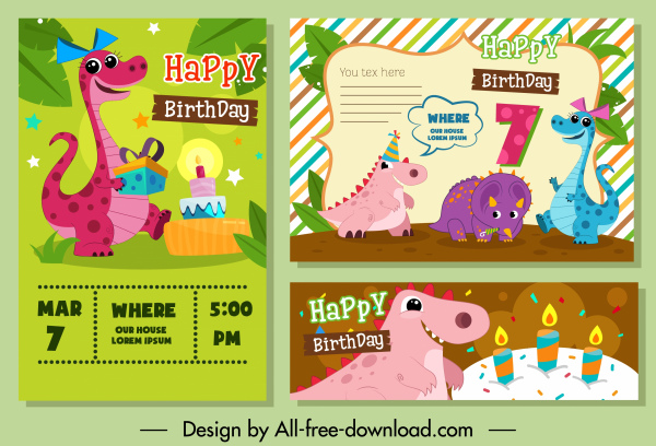 kartu ulang tahun template lucu bergaya dinosaurus ikon dekorasi