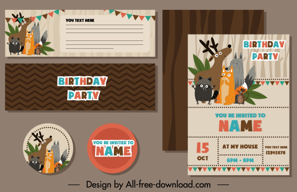 cartão de aniversário tempções bonitos animais selvagens desenhos animados design