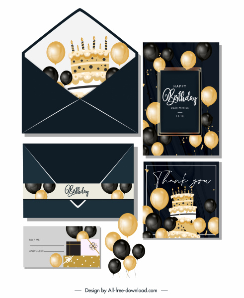 Geburtstagskarte Vorlagen elegante schwarze goldene Ballons Dekor