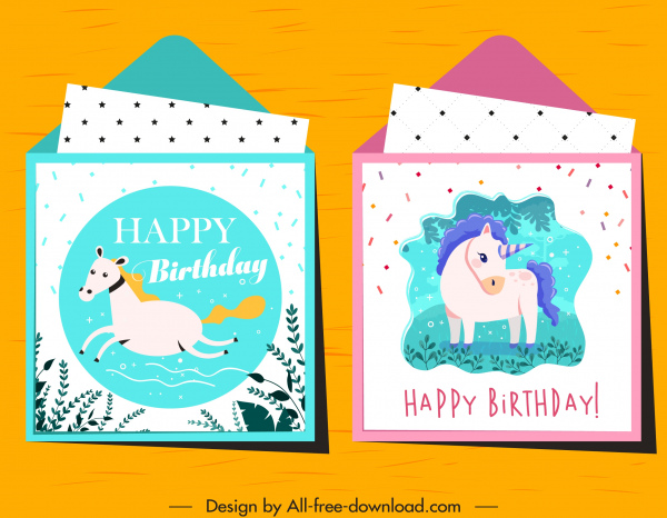 ulang tahun kartu template kuda unicorn sketsa berwarna-warni klasik