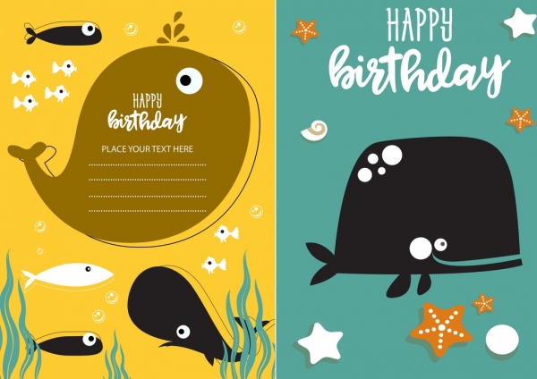 tarjeta de cumpleaños plantillas ballena pescados iconos decoración