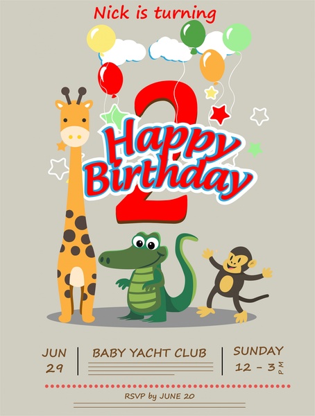 ilustração de vetor de cartão de aniversário com animais fofos