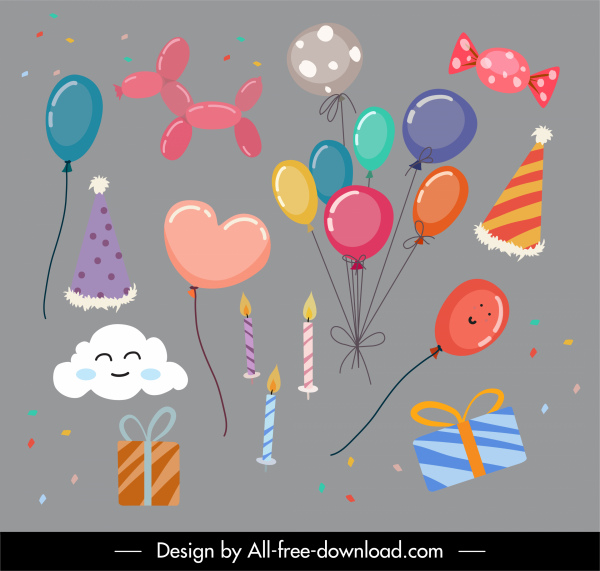 elementos de decoración de cumpleaños globo presente nube vela boceto