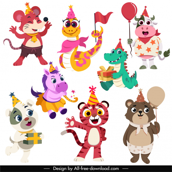 Birthday Decor Icons Cute Stylized Animals Cartoon Characters-vector Misc- free Vector Free Download