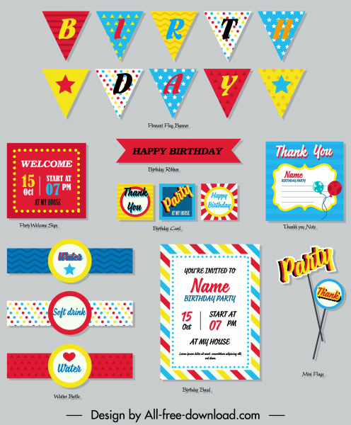 elemen desain ulang tahun hiasan bentuk datar berwarna-warni