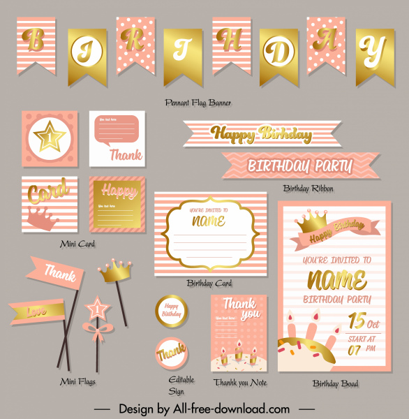 elementos de diseño de cumpleaños elegante decoración de formas rosas doradas