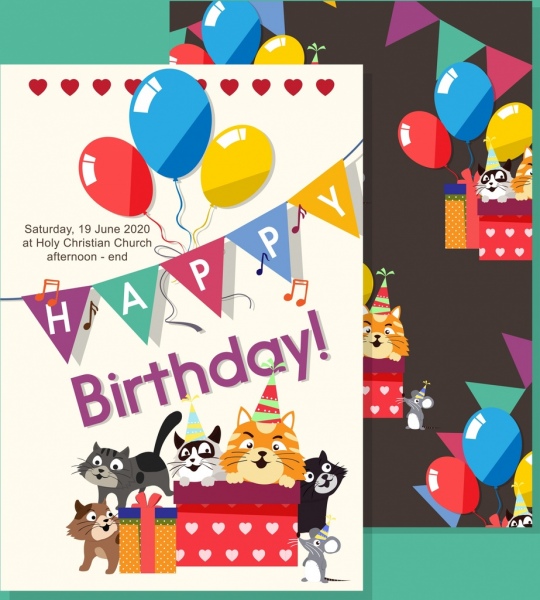 عيد ميلاد لدعوة لافتة لطيف القط الملونة البالونات الرموز