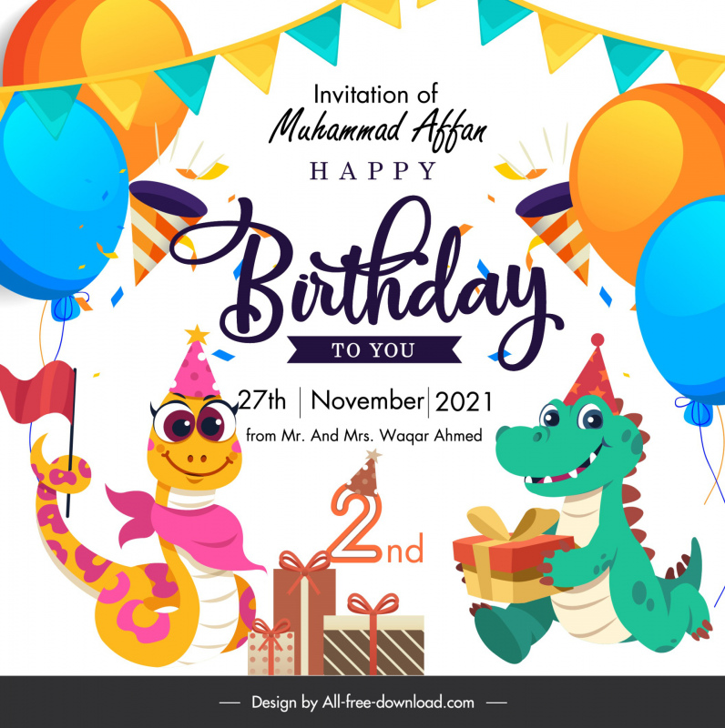 Tarjeta de invitación de cumpleaños serpiente, cocodrilo dibujos animados estilizados