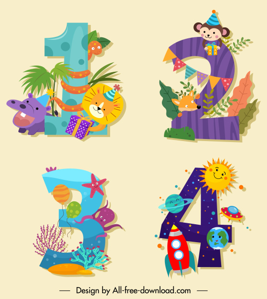 生日數位圖示可愛的五顏六色的動物行星裝飾