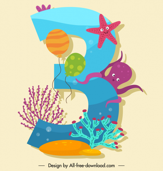 modèle de nombre d'anniversaire décor mignon coloré d'espèces marines