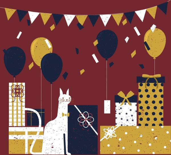 Fondo gato regalo globo cinta decoración del cumpleaños partido