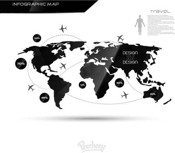 Mapa-múndi infográfico preto e branco