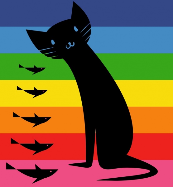 gato preto peixes ícones projeto listras coloridas pano de fundo
