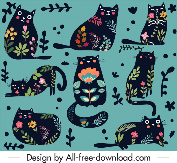 gatos pretos padrão de design plano decoração floral