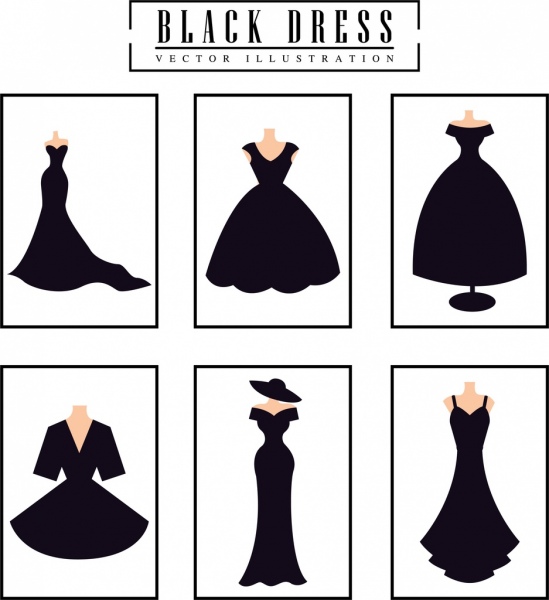 gaun hitam desain koleksi berbagai datar isolasi