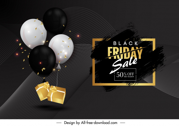 cartel de venta del viernes negro regalos globos oscuros modernos
