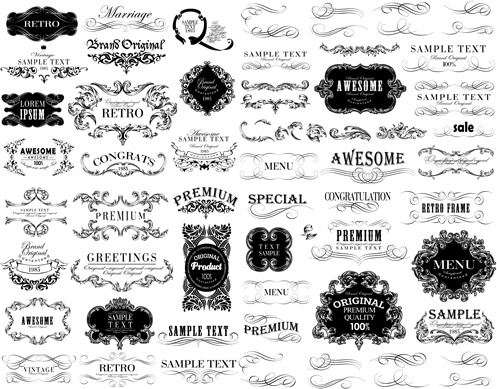 Black Vintage Ornaments With Labels And Ribbon Vector