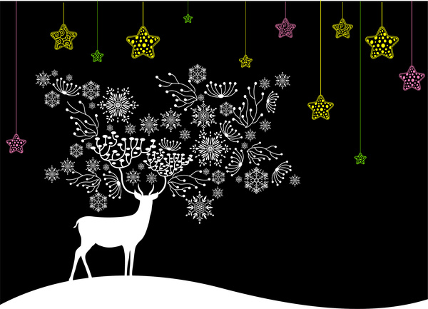سوداء على خلفية بيضاء عيد الميلاد مع النجوم الملونة والغزلان