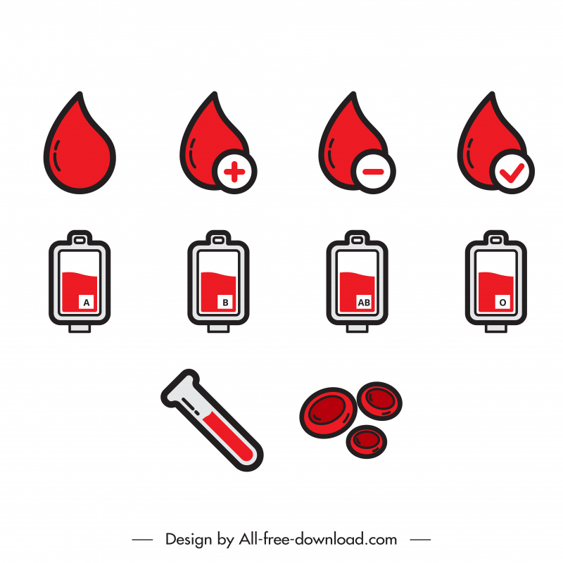 ícone de sangue define esboço de símbolos clássicos planos