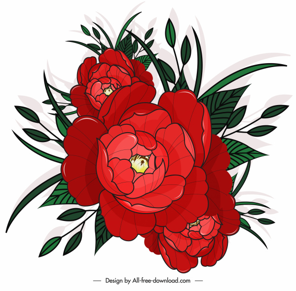 lukisan bunga mekar sketsa hijau merah klasik