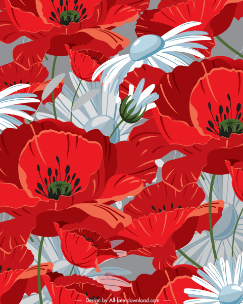 ดอกไม้บานภาพวาดสีแดงสีขาวคลาสสิกการตกแต่งโคลสอัพ