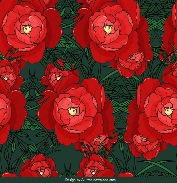 pola bunga mekar dekorasi hijau merah klasik