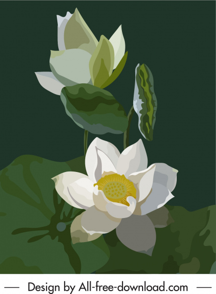 mekar Lotus lukisan desain retro berwarna gelap