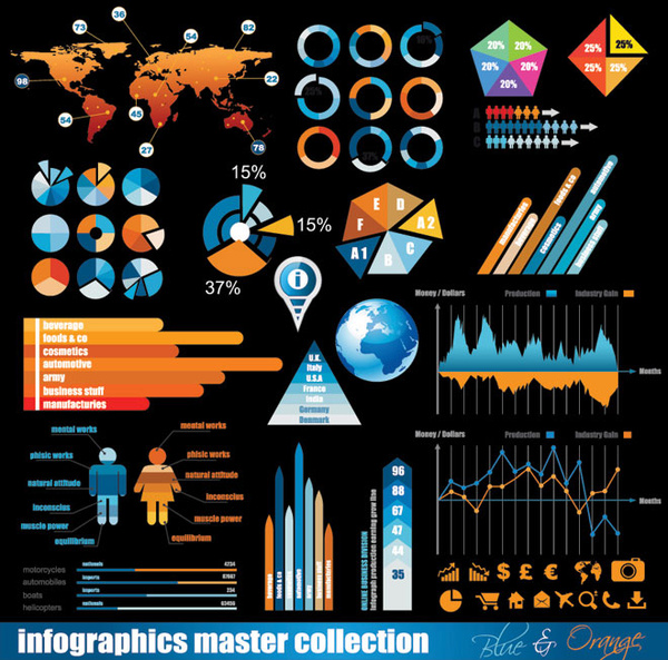 diagram lingkaran biru dan oranye Infografis dan desain elemen vektor