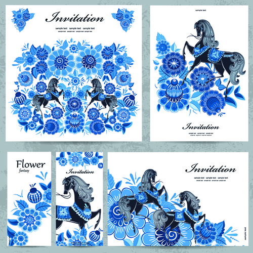 Blue Floral With Horse Pattern Cards Vector