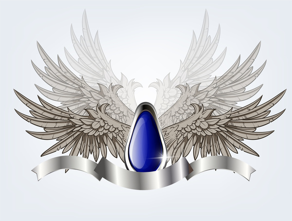 翼とリボンと青い光沢のある盾