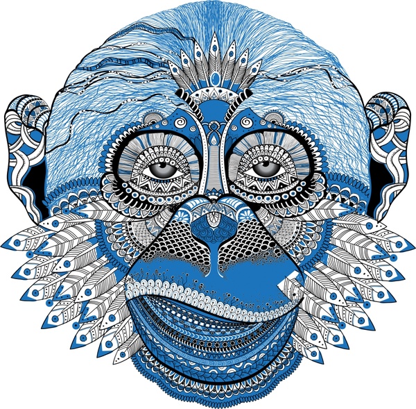 Blue Legendary Monkey Vector Illustration mit knalliger Dekoration