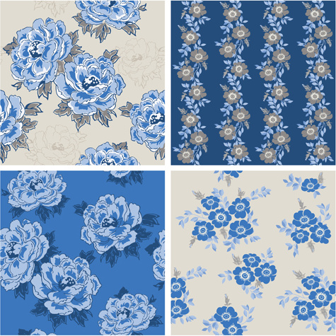 青いレトロ花パターンのシームレスなベクトル