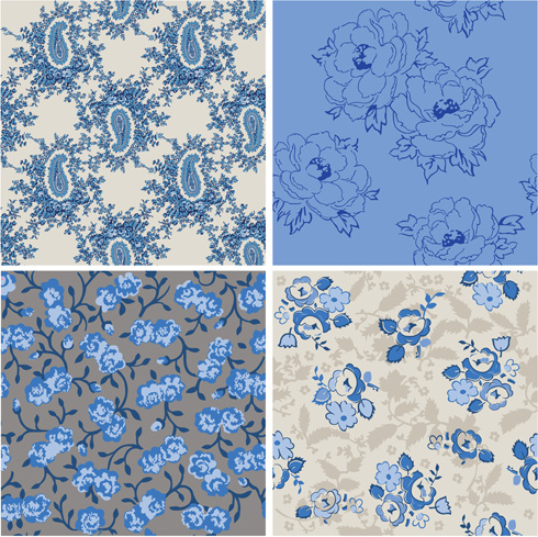 retro azul flores vector patrón