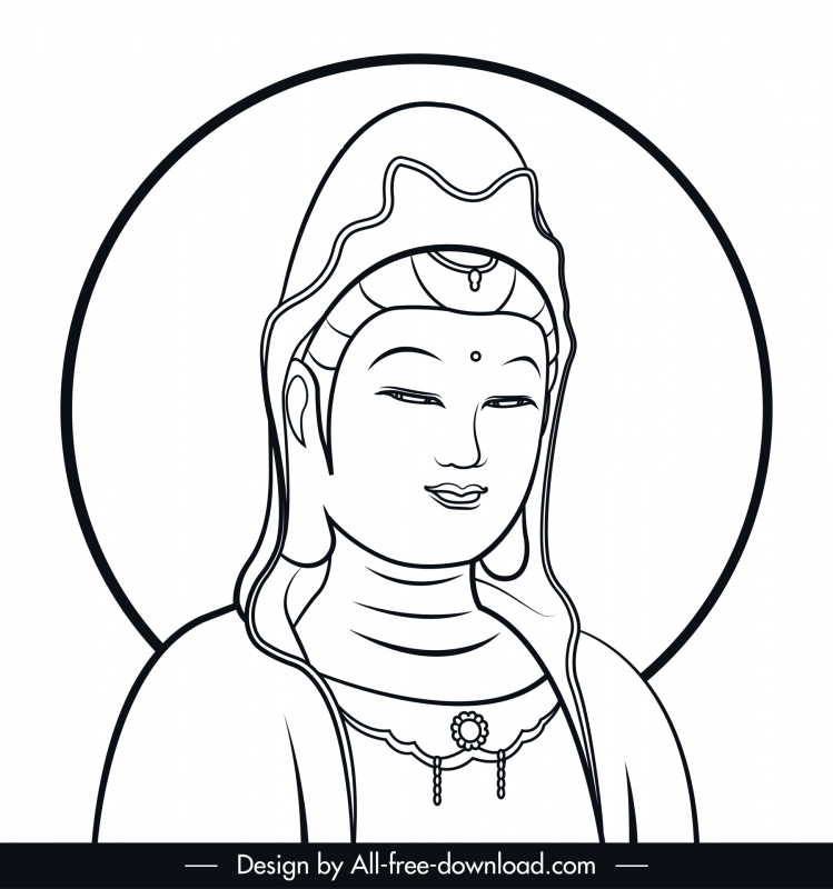 Bodhisattva Guan Yin icono Blanco negro boceto dibujado a mano