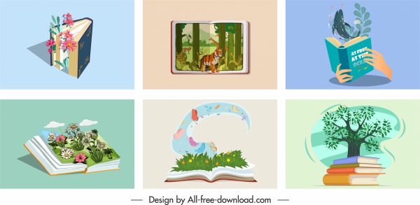 ícones de conhecimento do livro esboço 3d colorido
