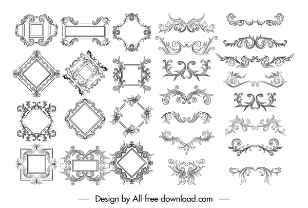 elemen dekoratif perbatasan template elegan SEAMLES simetris sketsa