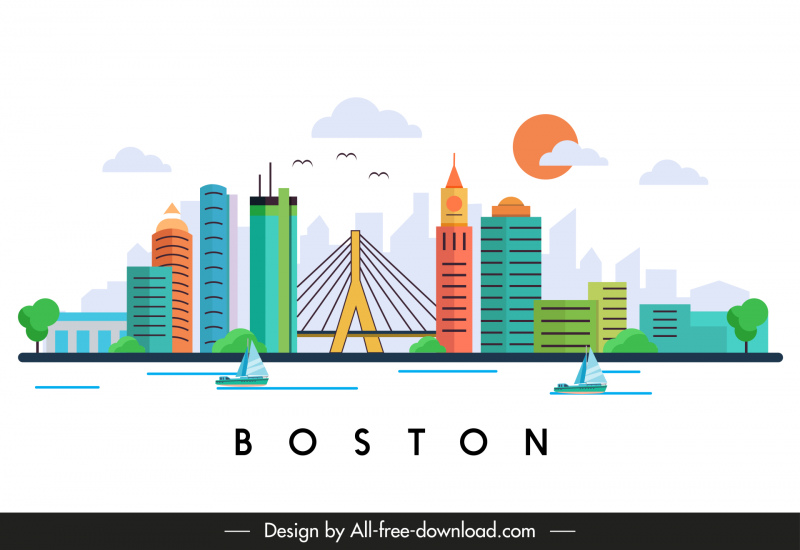 ボストンの風景の背景に平らなベクター画像スケッチ