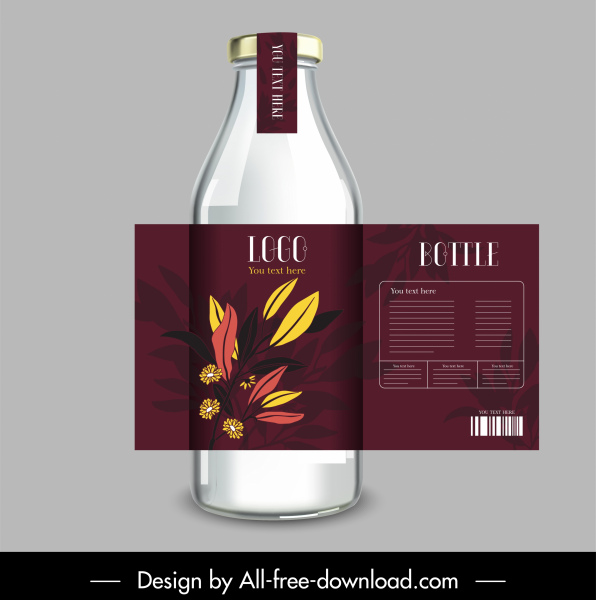 Flasche Label Vorlage elegante dunkle Design Blätter Dekor