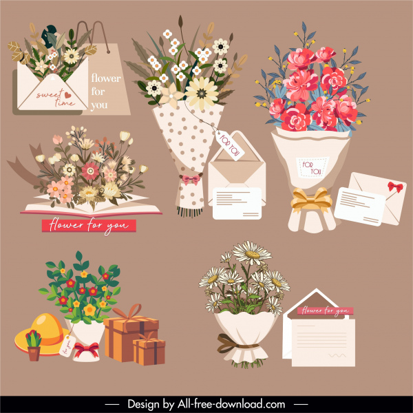 bouquet regalos elementos de diseño coloridos boceto clásico