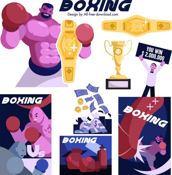 elementos de design de boxe boxers copo dinheiro ícones esboço