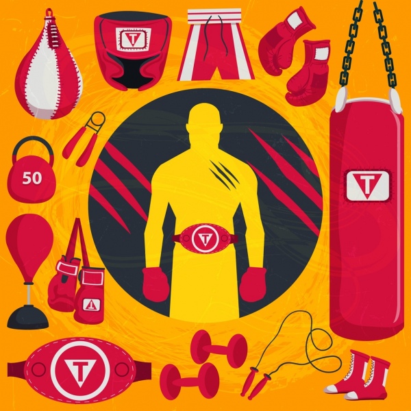 Бокс спортивный дизайн элементы красный инструменты объектов значки