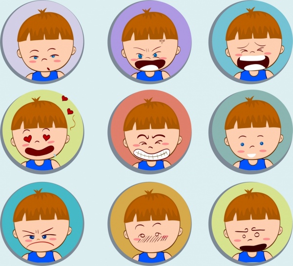 coleção de ícones do menino emocional rostos redondos isolamento