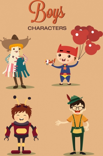 ícones de personagens meninos bonitos colorido projeto dos desenhos animados