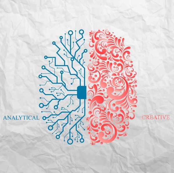 뇌 아이콘 개념 빨간색 파란색 곡선된 연결 디자인