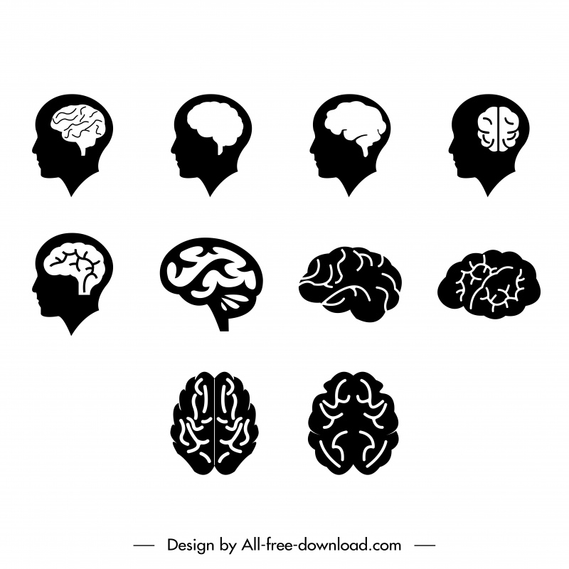 ícones do cérebro define o contorno da silhueta branca preta plana