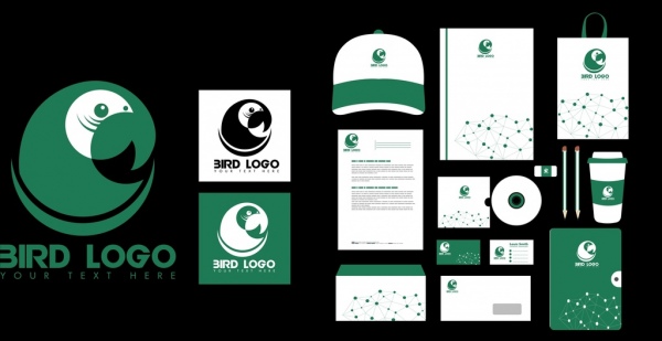 هوية العلامة التجارية مجموعات الطيور الخضراء تصميم شعار