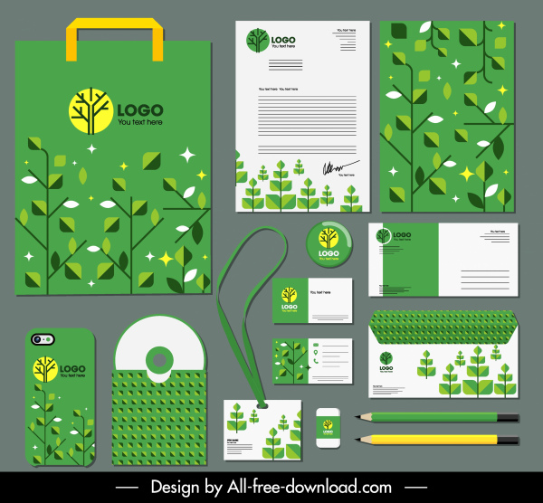 La identidad de marca establece la decoración de hojas ecológicas verdes